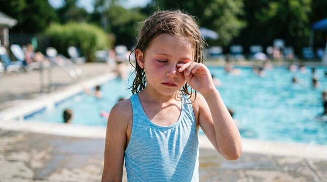 Young girl crying and rubbing eye by swimming pool with swimming distress swimsuit vacation recreation expression