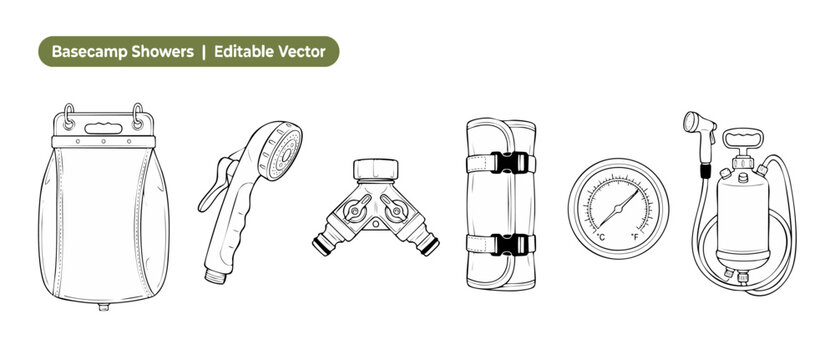 Camping portable shower vector icon set featuring outdoor wilderness gear line art drawings like water bag spray head pump tank hose valve thermometer for basecamp hygiene backpacking adventure trip