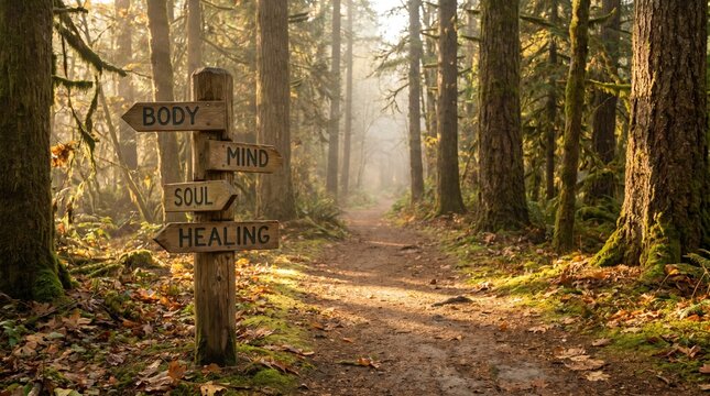 Body Mind Soul Healing wooden signpost on a sunlit forest trail for holistic wellness and spiritual therapy practices