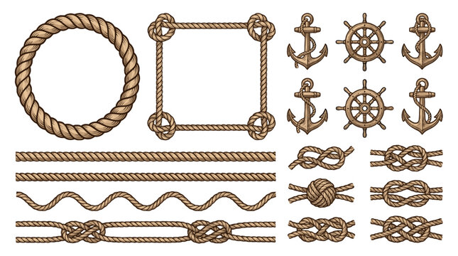 Nautical rope borders, knots, anchors and ship wheel set