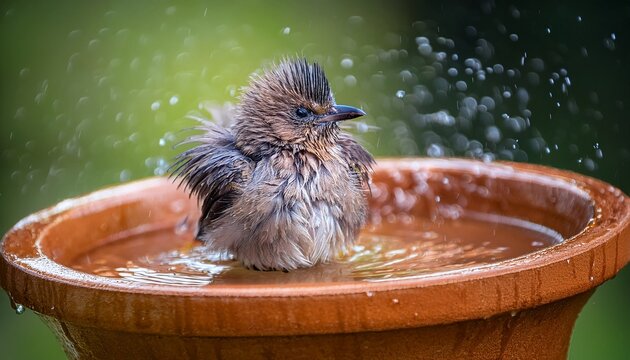 wet little bird fluffing feathers in a clay birdbath