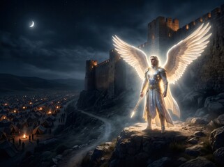 Naklejka premium Angel of the Lord protecting ancient Israelite encampment at night