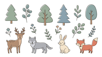 Fototapeta premium Cute woodland animals and trees hand drawn vector set