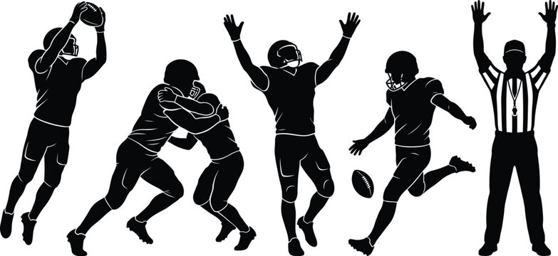 Set of american football player silhouettes in various actions isolated on white background