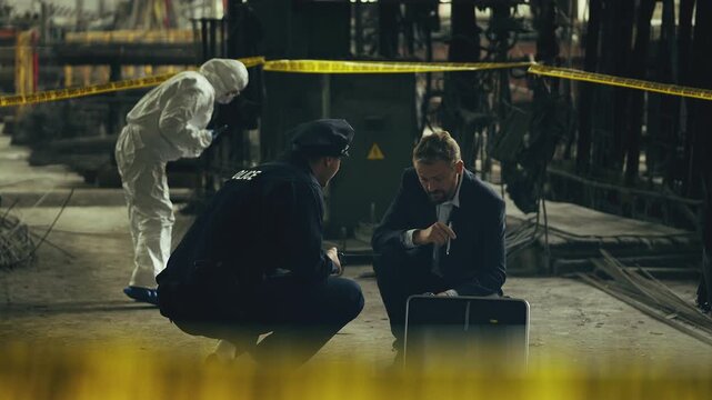 Police officer and detective discussing evidence at industrial plant crime scene