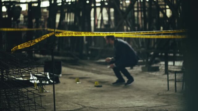 Detective investigating industrial factory crime scene with forensic expert