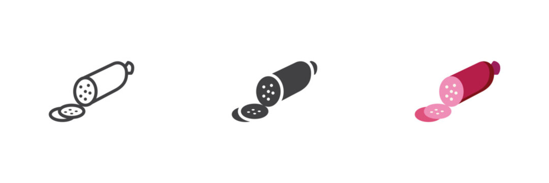 Salami sausage icon with sliced cured meat in line, solid and flat colorful icon styles. Color vector sign and symbol for deli, snack, protein food.