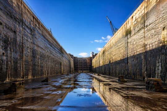 Empty drydock basin with rainwater reflecting blue sky and concrete walls.