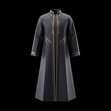 Long gray coat with decorative trim.