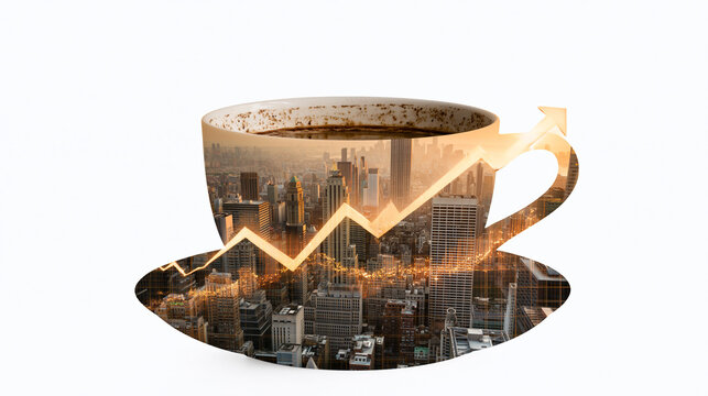  Business growth and morning energy concept. Double exposure of a coffee cup with a modern cityscape and a glowing upward financial arrow. Generative AI