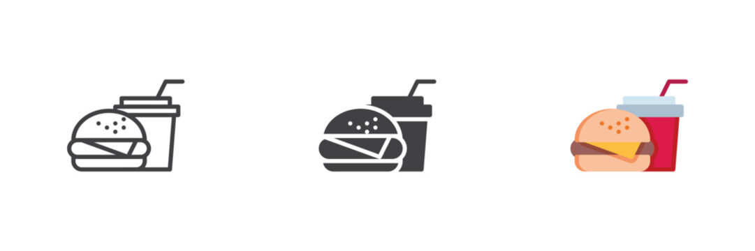 Hamburger and soda icon icon set with line, solid, flat color colorful vector sign symbol, showing burger, drink cup and straw for fast food takeaway menu design.