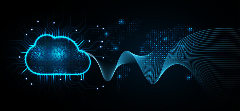 Cloud computing technology background with a glowing digital cloud, flowing data wave, and global world map for cloud infrastructure, data transfer, cloud networking, artificial intelligence
