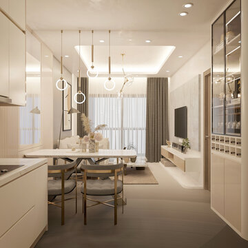 modern living room and kitchen interior