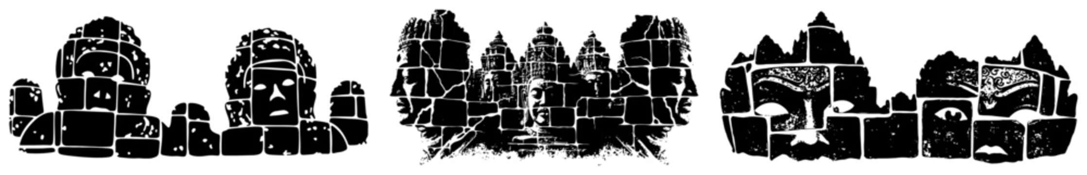 Ancient temple ruins and stone faces from Angkor Wat in distressed ink stencil style