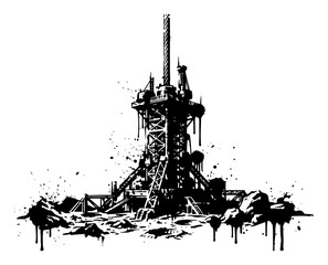 Obraz premium Oil drilling rig platform on rocky ground in industrial stencil style