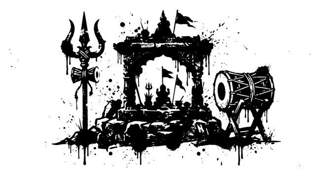 Hindu temple shrine with sacred trident and ceremonial drum in ink stencil style