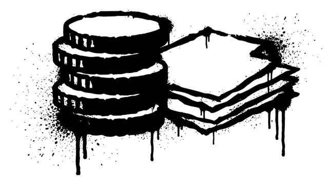 Coins stack and paper sheets with dripping paint in graffiti stencil style