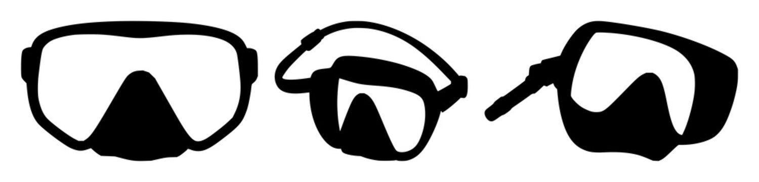 Scuba mask set with black silhouette on white background featuring underwater gear, diving equipment, marine safety with protection and visibility