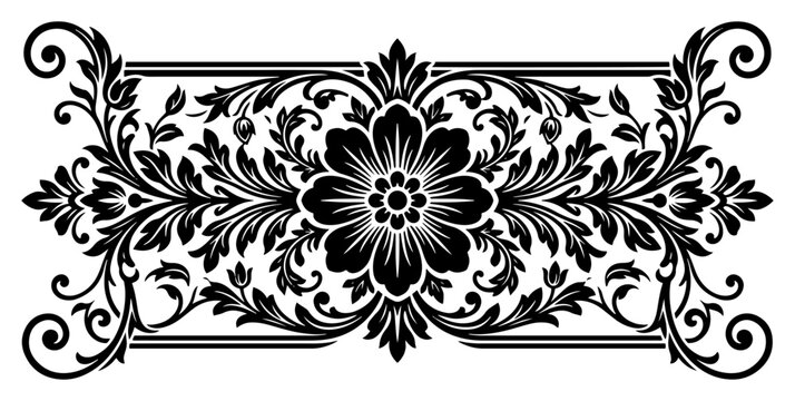Baroque floral ornament frame with symmetrical vine scrolls in vintage woodcut style