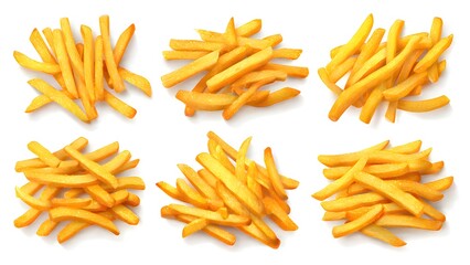 Fototapeta premium Collection of crispy french fries portions isolated on white background.