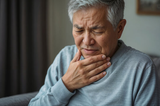 Portrait of senior Asian man suffers asthma attack. Difficulties breathing, chest pain. Elderly male experiencing health problem at home