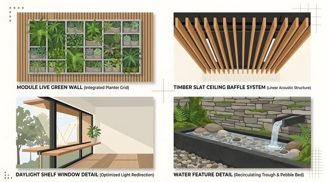 Biophilic Architectural Interior Details Diagram with Green Wall, Timber Ceiling Baffles, and Water Feature