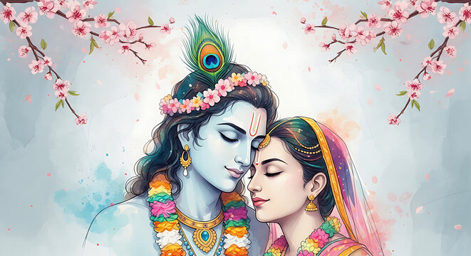 Divine love of radha and krishna with floral accents