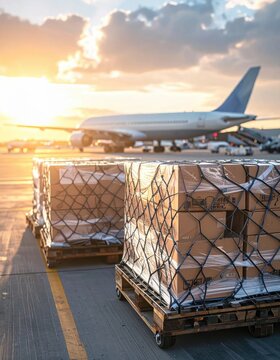 Air freight cargo pallets with cardboard boxes on airport tarmac during sunset, logistics supply chain management, shipping transportation