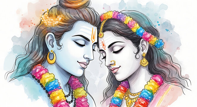 Watercolor illustration of lord shiva and goddess parvati together