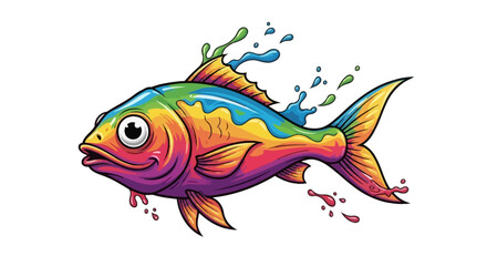 Fototapeta premium Vibrant Rainbow Fish Splashing Water, Cartoon Style, Isolated on White