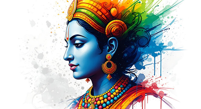 Artistic portrait of lord krishna with vibrant watercolor splatter effects isolated on white background