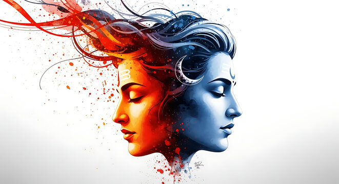 Artistic depiction of ardhanarishvara, the composite form of lord shiva and goddess parvati isolated on white background