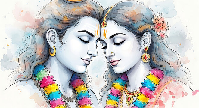 Watercolor illustration of lord shiva and goddess parvati in divine union