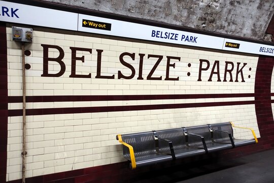 Platform tiling and seating area at Belsize Park Station on the London Underground's Northern Line