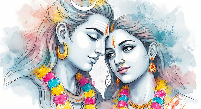 Watercolor illustration of lord shiva and goddess parvati together, divine couple portrait
