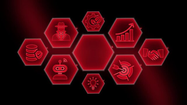 Digital business strategy hexagon with glowing red tech interface