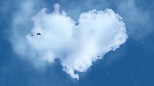 Heart shaped cloud in blue sky with parachutes and rain