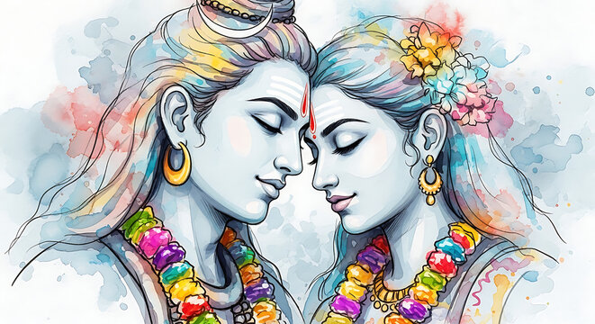 Watercolor illustration of lord shiva and goddess parvati in divine union