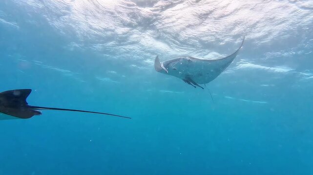 Reef Manta Rays Gliding Beneath Ocean Surface