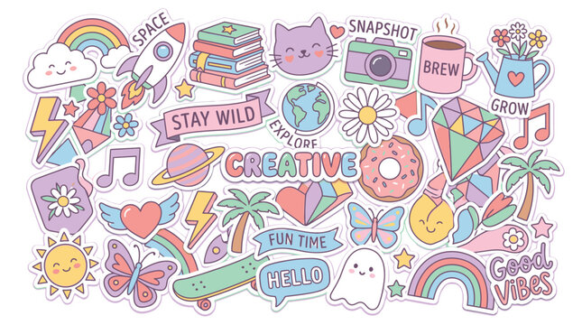 Colorful stickers and cartoon illustrations.