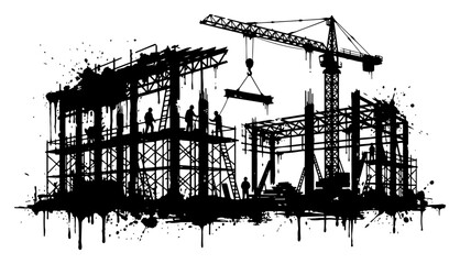 Obraz premium Construction site with scaffolding and cranes under development in grungy ink splatter style