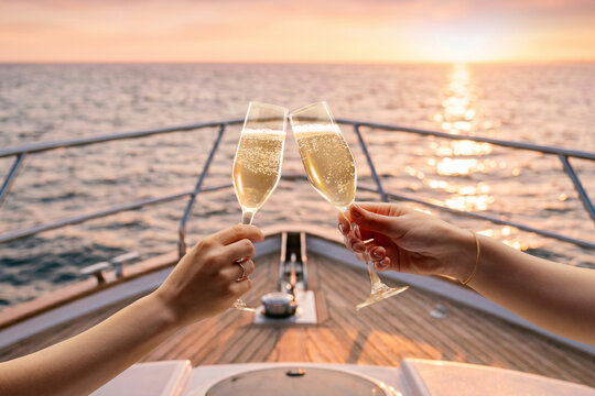 Hands toasting champagne glasses on luxury yacht during sunset cruise. Concept of yacht charter advertising, luxury travel, honeymoon vacation and celebration campaign.