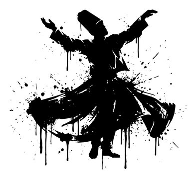 Whirling sufi dervish dancer performing sema ceremony in dripping ink graffiti style