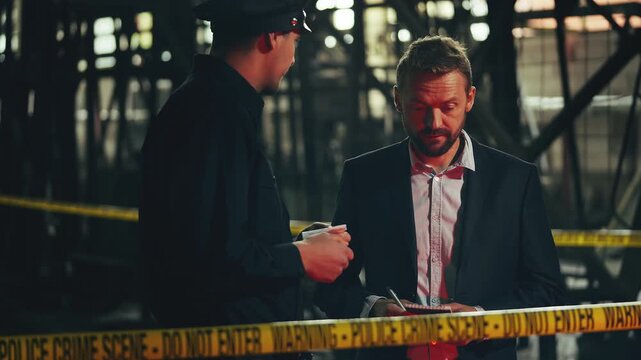 Police officer and detective discussing crime investigation at industrial site