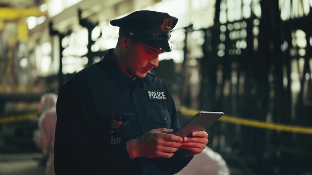 Male police officer using tablet while documenting crime scene evidence