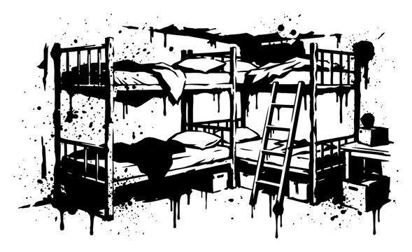 Bunk beds in a hostel dorm room in grungy ink splatter style