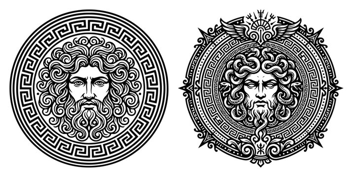 Greek mythology medallion emblems of Zeus and Medusa in line art engraving style