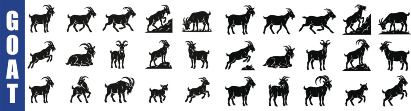 Goat Silhouettes Collection Black Shapes On White Background