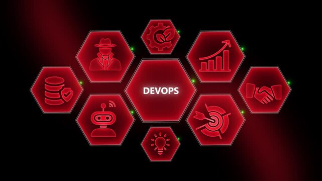 Dev ops concept infographic with glowing red hexagon and digital network connectivity