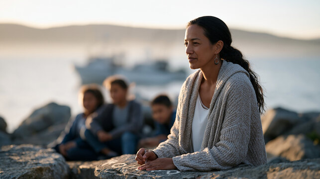 Māori language teacher writing vowel sounds in chalk on a weathered sea wall at dawn, fishing boats blurred in early morning mist behind her, students seated on rocks, ideal for